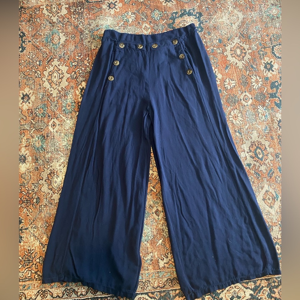 Navy Wide-Leg Pants with Button Detail